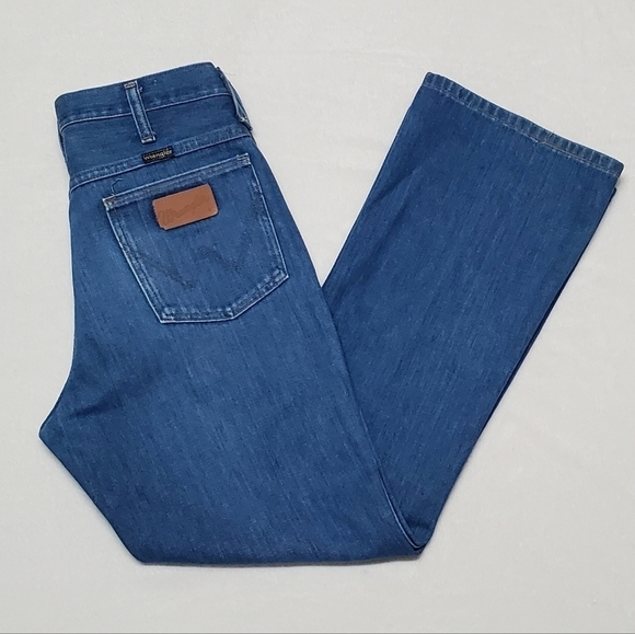 VINTAGE 1970s Wrangler Unisex Usa Made Denim Extra High Rise Bell Bottom Jeans - Picture 2 of 12